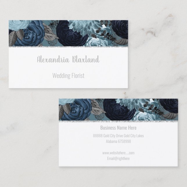 BLUE FLORAL SILVER GLITTER BUSINESS CARD (Front/Back)