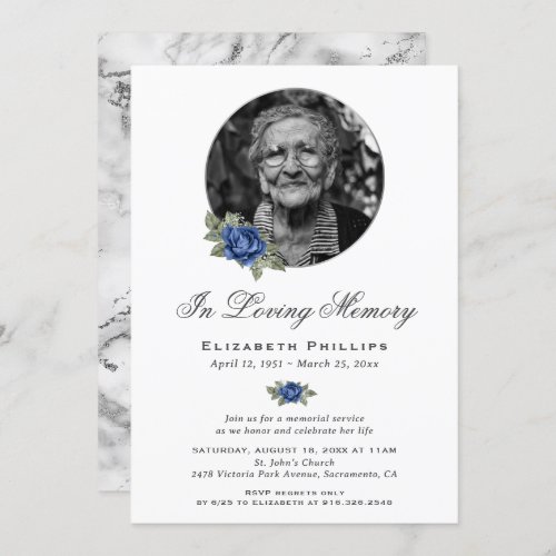 Blue Floral Silver Marble Photo Memorial Service Invitation