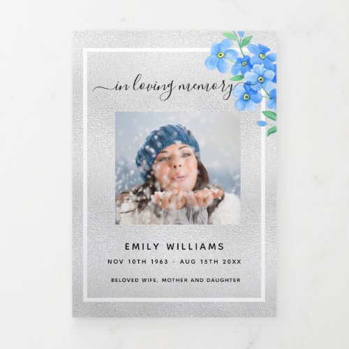 Blue floral silver photo tri_fold funeral program