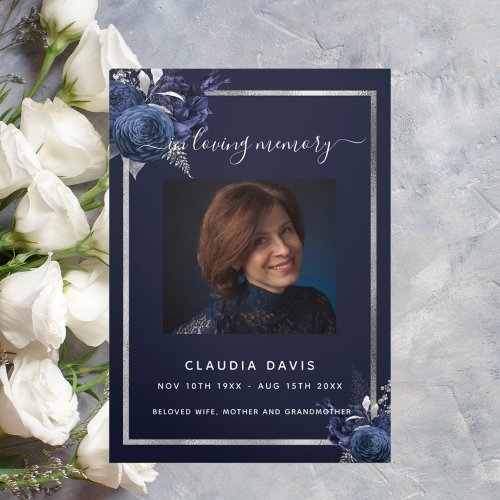 Blue floral silver photo tri_fold funeral program