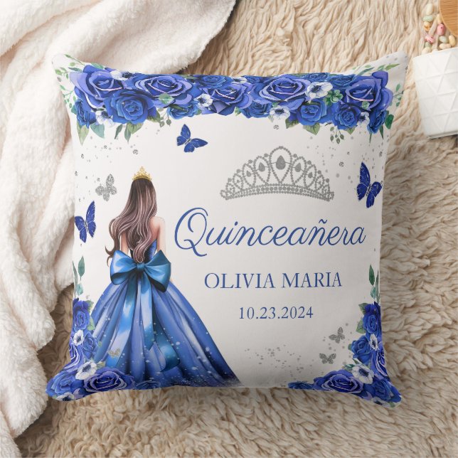 Blue Floral Silver Princess Tiara Quinceanera Throw Pillow (Blanket)
