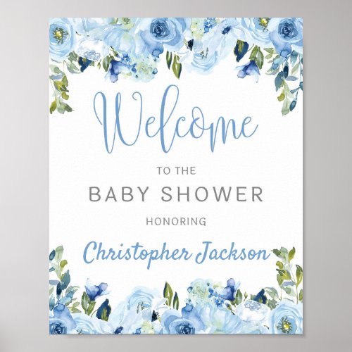 Blue floral silver rustic baby shower welcome sign