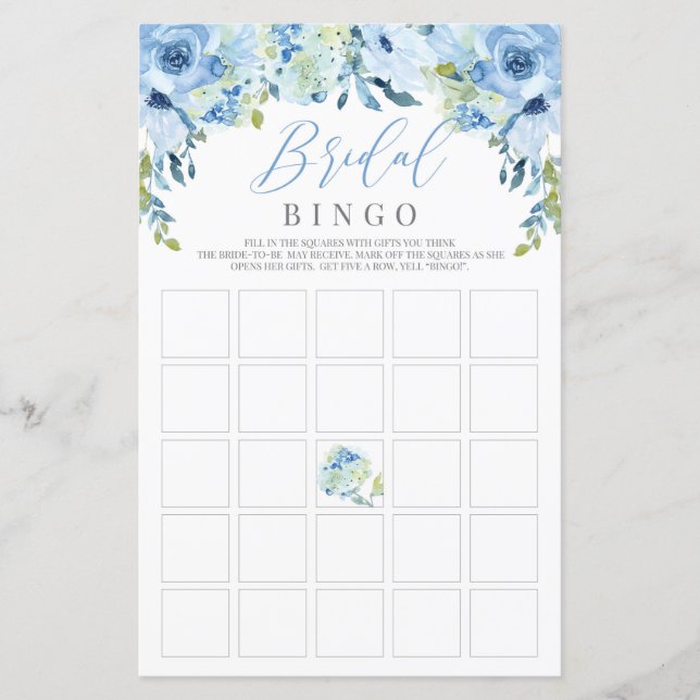 Blue floral silver rustic bridal shower bingo game (Front)