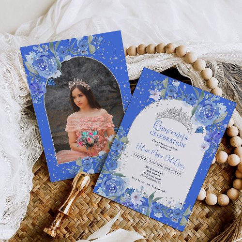 Blue floral silver tiara princess Quinceanera Invitation