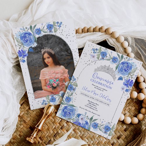 Blue floral silver tiara princess Quinceanera Invitation