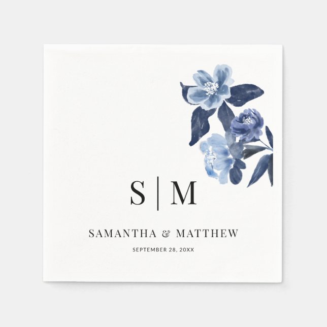 Blue Floral Simple Elegant Couple Initials Wedding Napkins (Front)