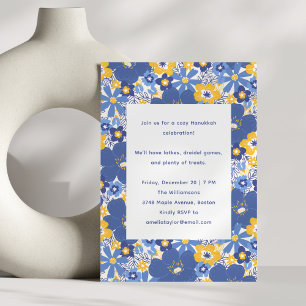 Blue Floral Simple Festive Family Hanukkah Party Invitation