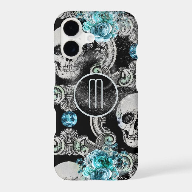 Blue Floral Skull Monogram Case-Mate iPhone Case (Back)