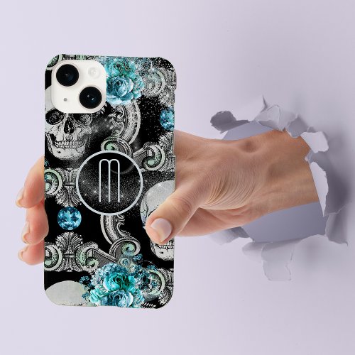 Blue Floral Skull Monogram Case_Mate iPhone 14 Case