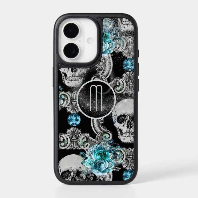 Blue Floral Skull Monogram Otterbox iPhone Case (Back)