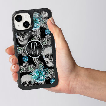 Blue Floral Skull Monogram Otterbox Iphone 14 Case by MegaCase at Zazzle