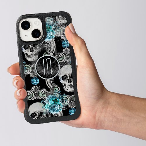 Blue Floral Skull Monogram OtterBox iPhone 14 Case
