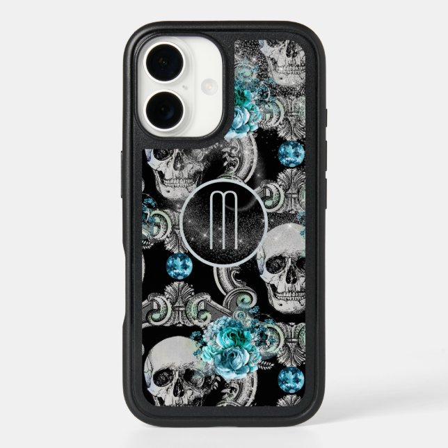 Blue Floral Skull Monogram Otterbox iPhone Case (Back)