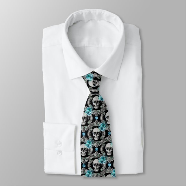 Blue Floral Skull Pattern Neck Tie (Tied)