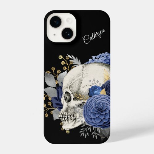 Blue Floral Skull Personalized iPhone 14 Case