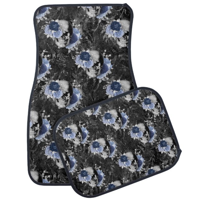 Blue Floral Skull Series Design 1 Car Floor Mat (Set)