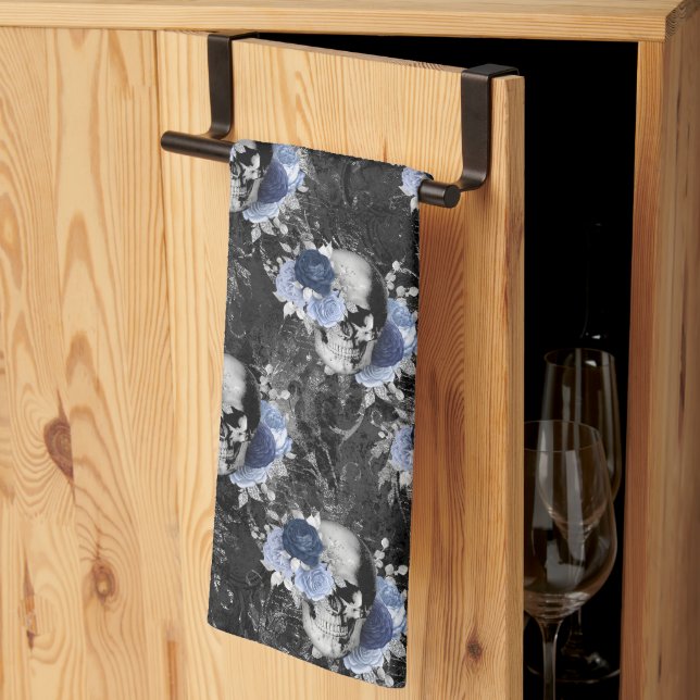 Blue Floral Skull Series Design 1   Kitchen Towel (Thirds Fold)