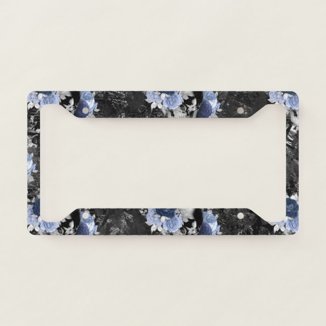 Blue Floral Skull Series Design 1 License Plate Frame (Front)