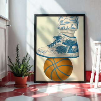Blue Floral Skull Sneaker on Basketball Poster
