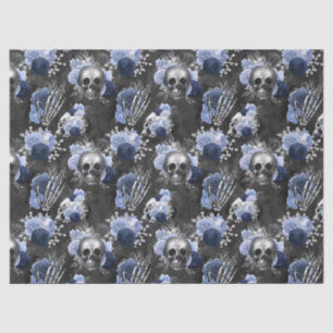 Blue Floral Skulls and Hands Dark Grey Decoupage Tissue Paper