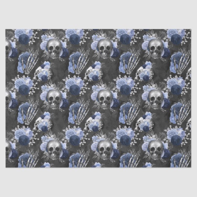 Blue Floral Skulls and Hands Dark Grey Decoupage Tissue Paper (Front)