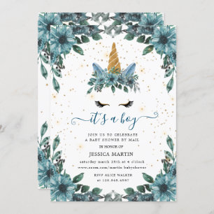 blue floral sleepy unicorn virtual baby shower invitation