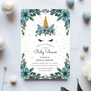 Blue Floral Sleepy Unicorn Virtual Baby Shower Invitation