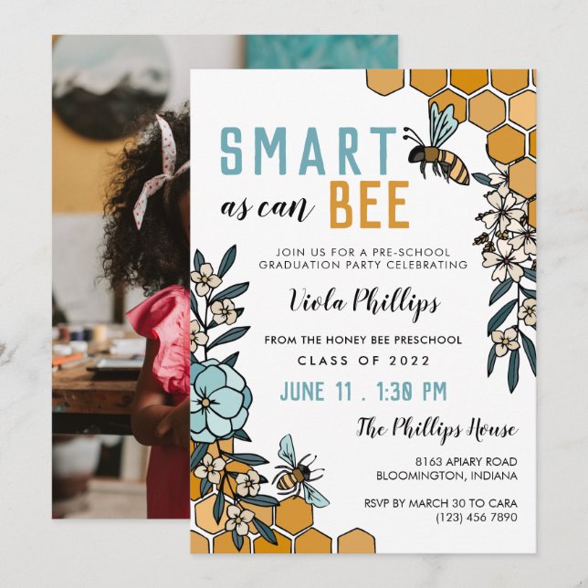 Blue Floral Smart As Can Bee Preschool Graduation Invitation (Front/Back)