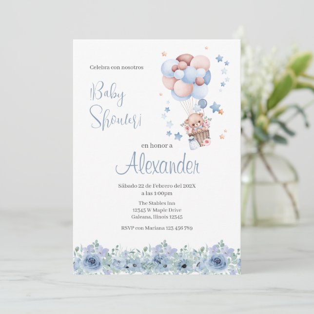 Blue floral Spanish Baby Shower Boy invitation (Standing Front)