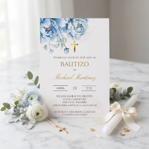 Blue floral Spanish baptism Invitation