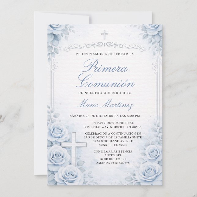 Blue Floral  Spanish Boy Primera Comunión Cross Invitation (Front)