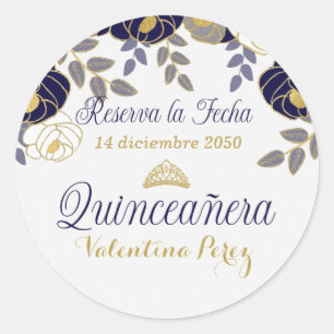 Blue Floral Spanish Quinceanera Reserva la Fecha Classic Round Sticker