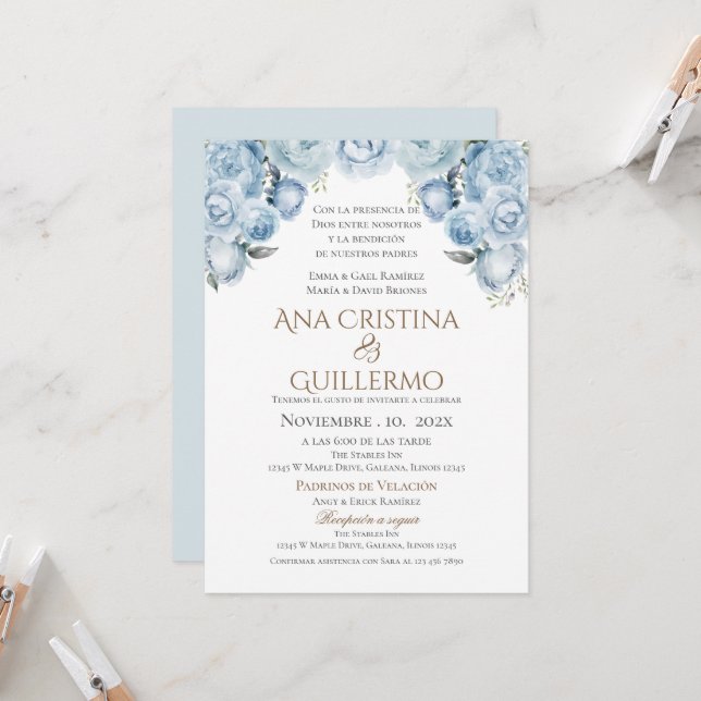 Blue Floral Spanish Wedding Invitation (Front/Back In Situ)
