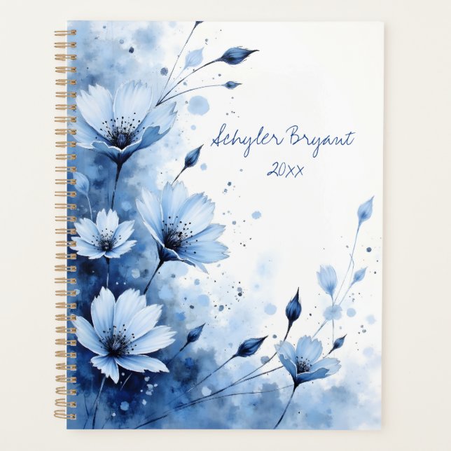Blue Floral Spiral-bound Abstract Flower Botanical Planner (Front)