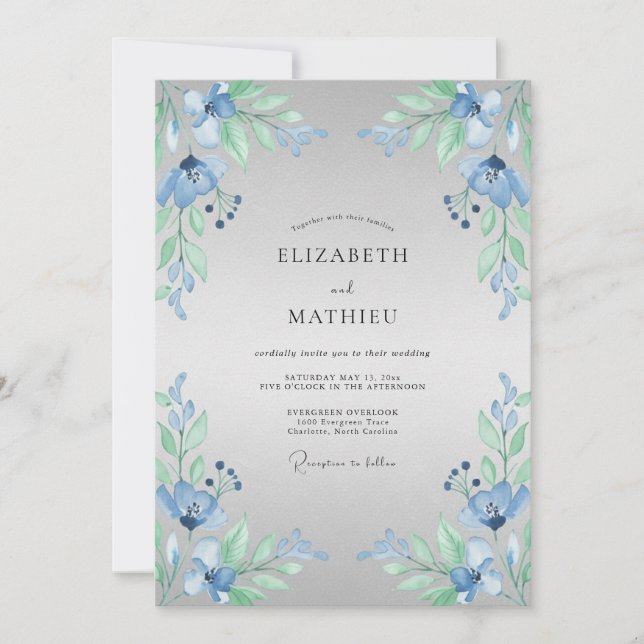 Blue Floral Sprigs Wedding Invitation (Front)