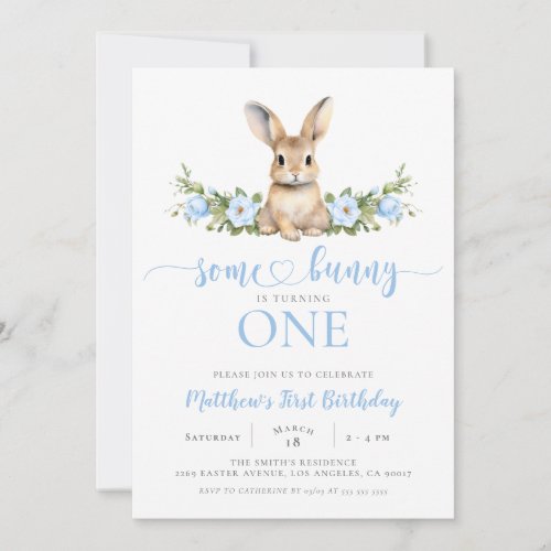 Blue Floral Spring Rabbit Some Bunny 1st Birthday
