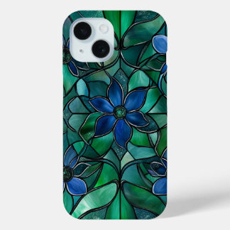 Blue Floral Stained Glass Art Lovers for Women iPhone 15 Case