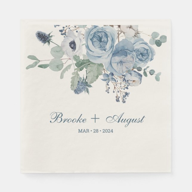 Blue Floral Standard Luncheon Wedding Napkins (Front)