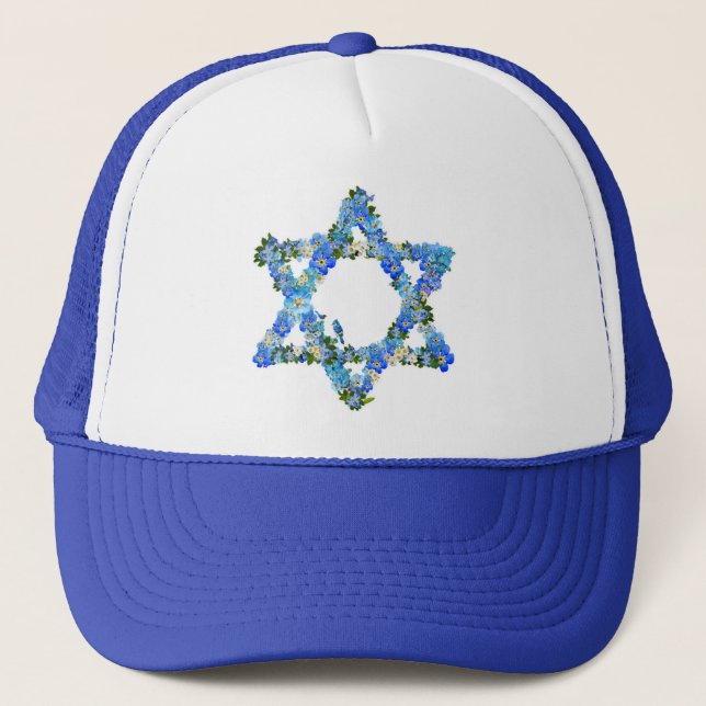 Blue Floral Star Of David Jewish Star  Trucker Hat (Front)