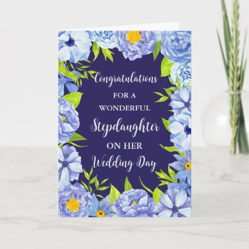 Blue Floral Stepdaughter Wedding Congratulations Card