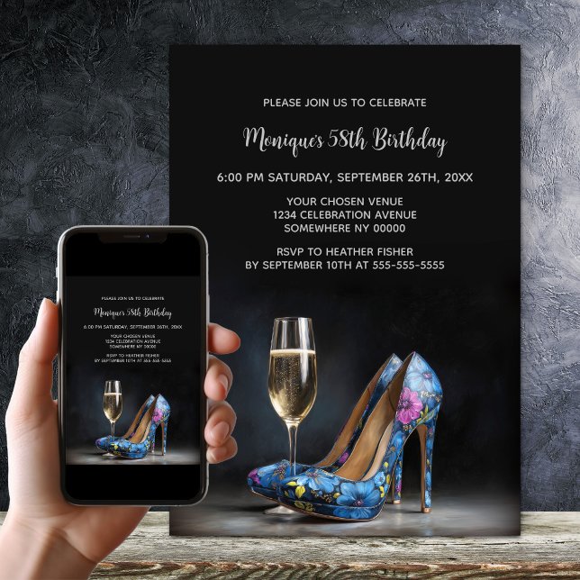 Blue Floral Stiletto Shoes Birthday Party Invitation (Creator Uploaded)