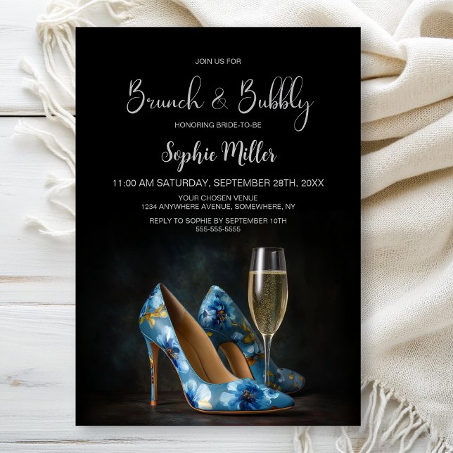 Blue Floral Stiletto Shoes Brunch and Bubbly Invitation (Creator Uploaded)