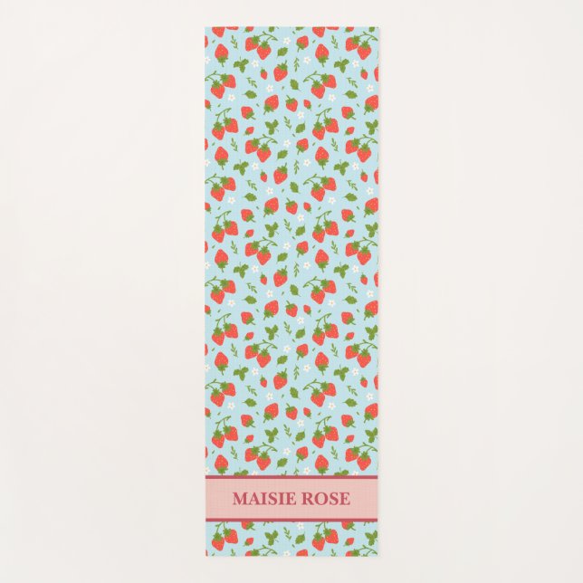 Blue Floral Strawberry Pattern Personalized Kids Yoga Mat (Front)