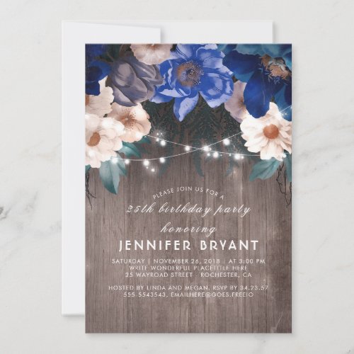 Blue Floral String Lights Rustic Birthday Party Invitation