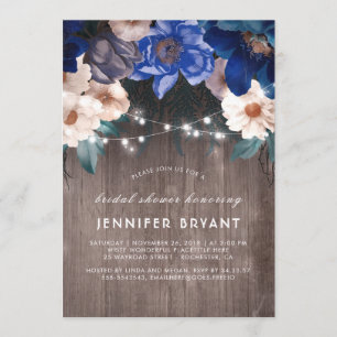 Blue Floral String Lights Rustic Bridal Shower Invitation