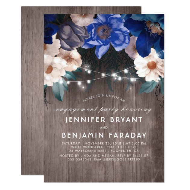 Blue Floral String Lights Rustic Engagement Party Invitation