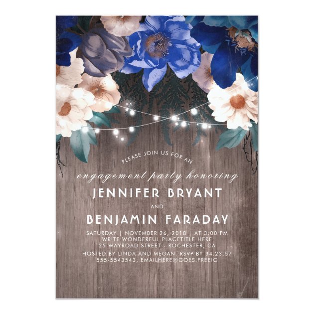 Blue Floral String Lights Rustic Engagement Party Invitation