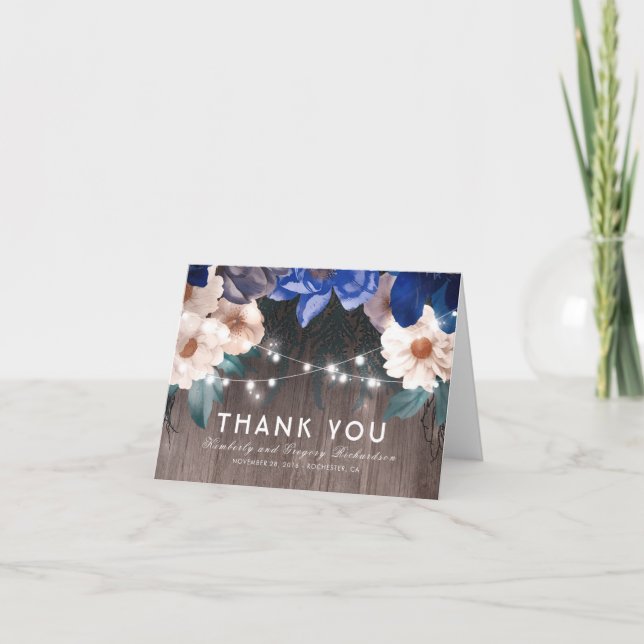 Blue Floral String Lights Rustic Wood Thank You Card (Front)