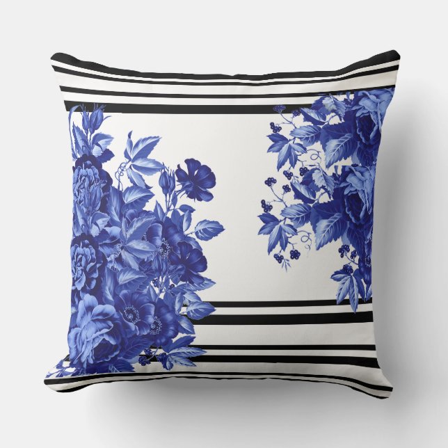 Blue Floral Stripe Decorative Pillow (Front)