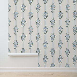 Blue Floral Stripe Vintage Cottage Wallpaper